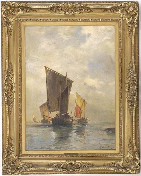 Departing Fishing Boats,coast Of Cornwall Oil Painting by Arthur Quartley