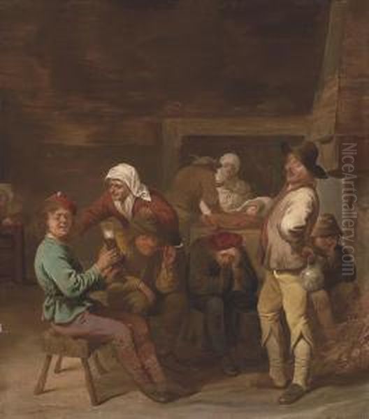 A Tavern Interior With Peasants Drinking And Smoking Beside Afire Oil Painting by Pieter Jansz. Quast