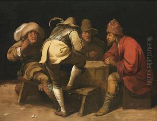 Interior With Cavaliers Playing Dice Over A Marching Drum Oil Painting by Pieter Jansz. Quast