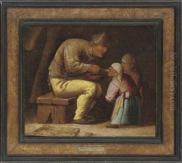 A Peasant Feeding Two Children In An Interior Oil Painting by Pieter Jansz. Quast