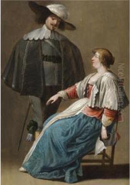 A Cavalier Propositioning A Seated Lady Oil Painting by Pieter Jansz. Quast