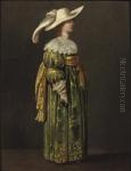 An Elegant Woman, Full-length, 
Standing In Profile, In A Green And Gold Embroidered Dress And Feathered
 Hat Oil Painting by Pieter Jansz. Quast