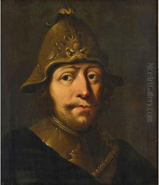 A Tronie Of A Soldier, Head And Shoulders, Wearing A Helmet And A Gorget Oil Painting by Pieter Jansz. Quast