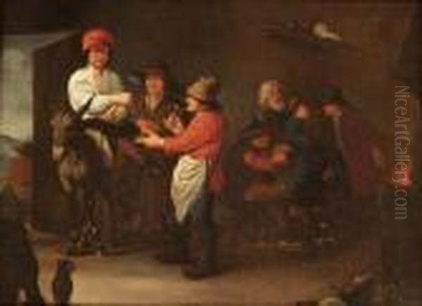 Peasants Drinking And Smoking In An Interior Oil Painting by Pieter Jansz. Quast