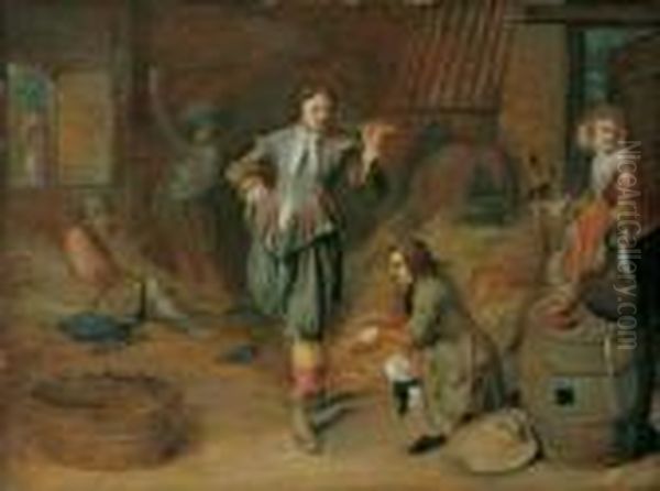 Scheuneninterieur Mit Einem 
Kavalier, Seinem Diener Und Einer Frau, Die Seinen Degen Halt. Oil Painting by Pieter Jansz. Quast