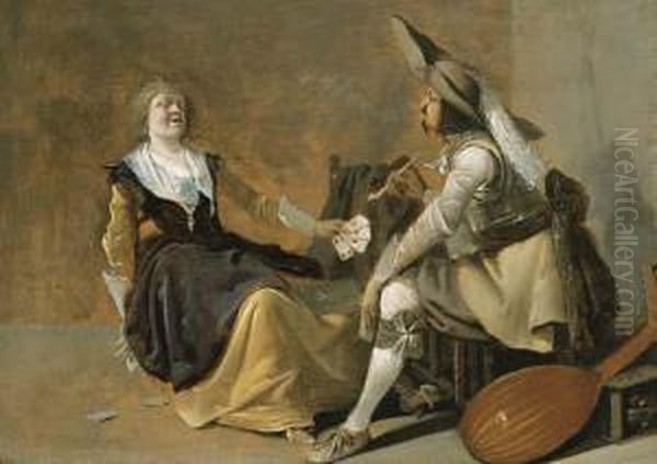 A Soldier And A Laughing Girl In An Interior Oil Painting by Pieter Jansz. Quast