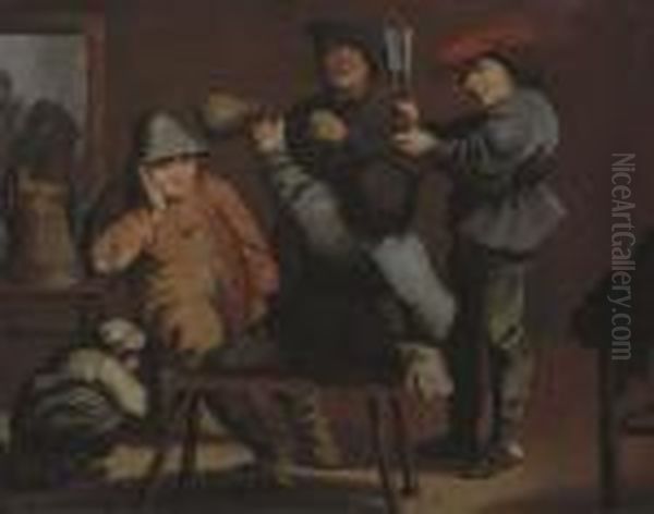 Peasants Drinking And Smoking In An Interior Oil Painting by Pieter Jansz. Quast