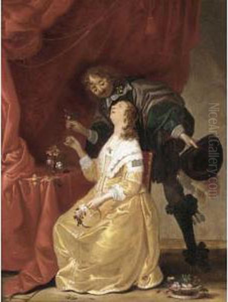 Interior With A Cavalier Giving A Lady Flowers Oil Painting by Pieter Jansz. Quast