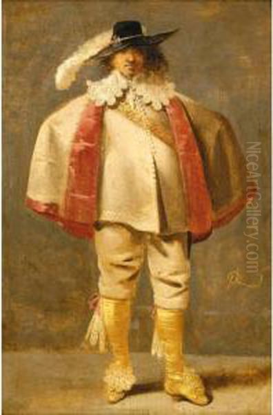 Portrait Of A Cavalier, Full Length, Wearing Cream With Yellow Stockings And Shoes Oil Painting by Pieter Jansz. Quast