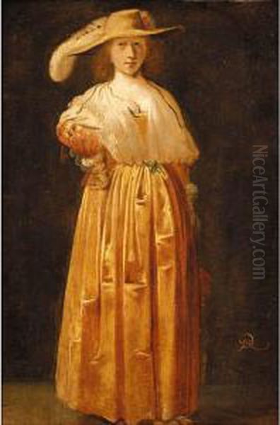 Portrait Of A Lady, Full Length, Wearing An Orange Silk Dress And A Silk Shawl Oil Painting by Pieter Jansz. Quast