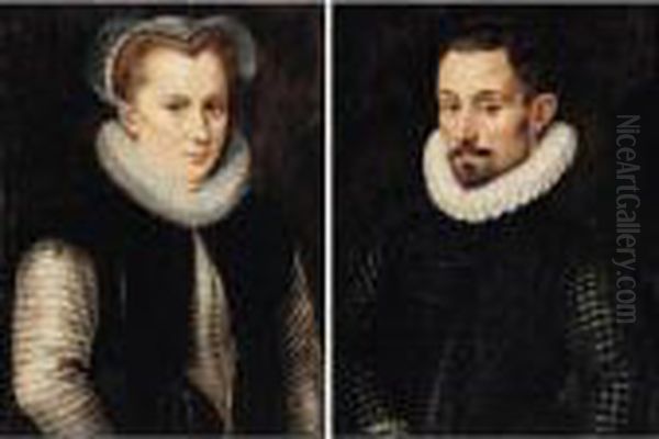 Portraits Of A Gentleman And His Wife, Both Half Length, Wearing Black Oil Painting by Pieter Jansz. Quast