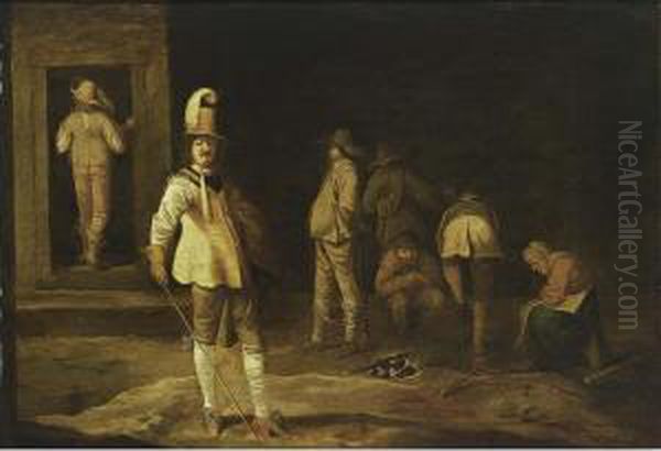 A Kortegaardje, Soldiers And Peasants Gathered Around A Fire In A Barn Oil Painting by Pieter Jansz. Quast