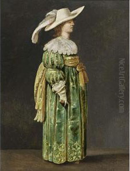 A Portrait Of A Lady, Standing 
Full Length, Wearing A Green Satin Dress With Lace Cuffs And Collar, A 
Yellow Sash, White Gloves, And A White Hat With A Feather Oil Painting by Pieter Jansz. Quast