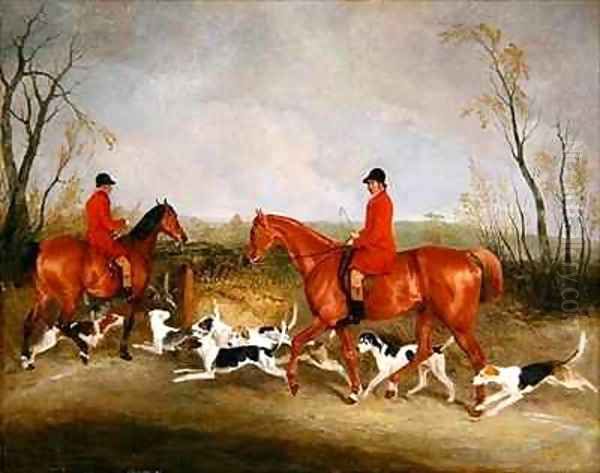 George Mountford Huntsman to the Quorn and W Derry Whipper In at John OGaunts Gorse nr Melton Mowbray Oil Painting by Richard Barrett Davis