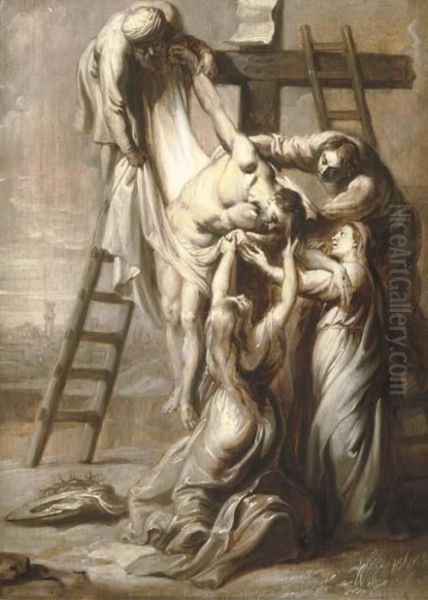 The Descent From The Cross; En Grisaille Oil Painting by Erasmus II Quellin (Quellinus)