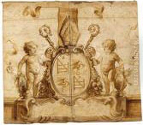 A Design With Putti Holding A Cartouche With A Coat-of-arms Oil Painting by Erasmus II Quellin (Quellinus)