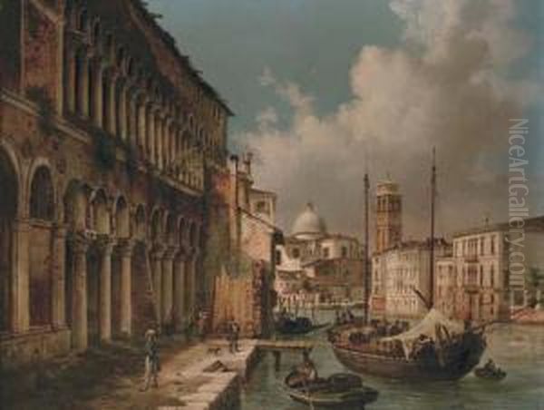 Figures Before A Palazzo On A Venetian Backwater With San Giorgio Maggiore Beyond Oil Painting by Luigi Querena