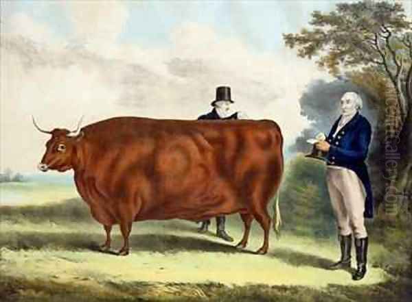 Portrait of Mr TW Coke Esq and Clerk Hilliard Esq with a North Devon Ox Oil Painting by Davis, W.H.