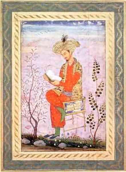 Babur Reading Mughal Oil Painting by Bishn Das