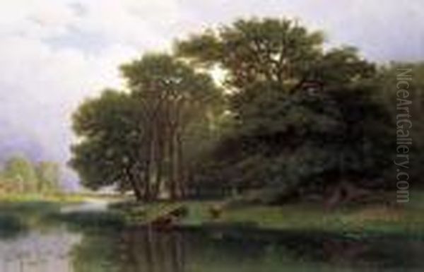 Rivierlandschap Met Koeien (1866) Oil Painting by Joseph Quinaux