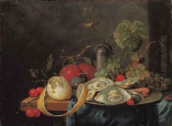 Oysters and a prawn on a pewter plate, a partly peeled lemon, plums, grapes and cherries on a partly draped table Oil Painting by Guilliam van Deynum