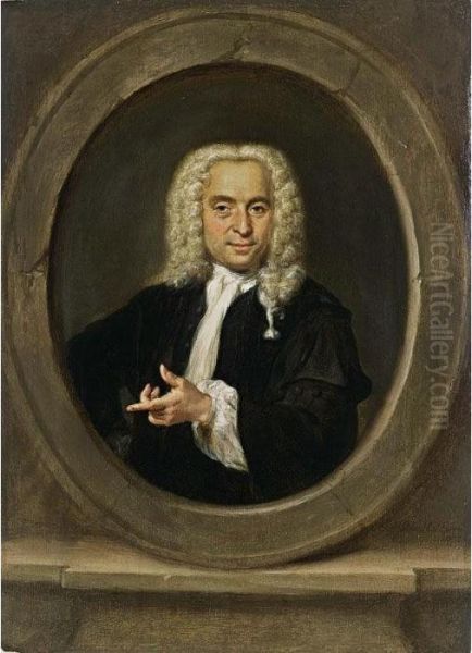 A Portrait Of A Gentleman, 
Standing Bust Length, Wearing A Black Coat, A White Chemise And A Wig, 
In A Stone Cartouche Oil Painting by Jan Maurits Quinkhard