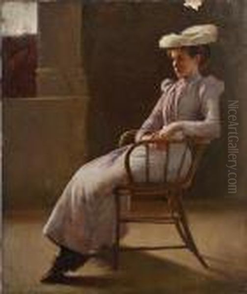 Full Length Seated Study Of A Young Woman Inan Interior by James Peter Quinn