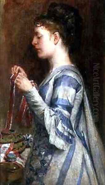 Girl Embroidering Oil Painting by William Fettes Douglas