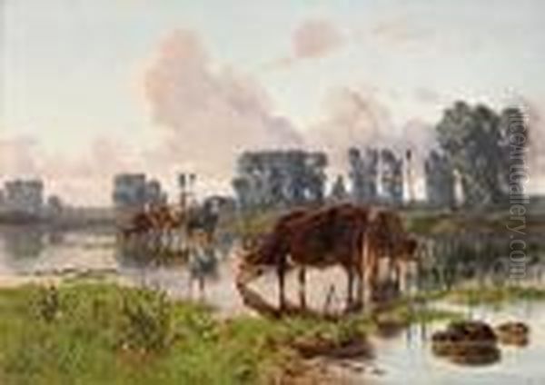 Le Gardien De Vaches A La Riviere Oil Painting by Clement Quinton