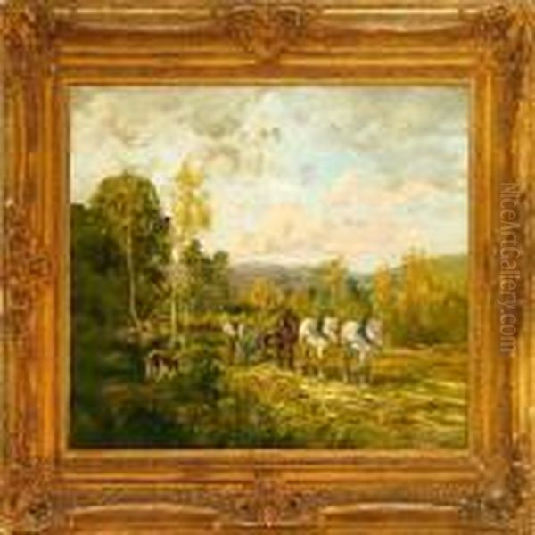 Landscape With Two Farmers And Their Horses Oil Painting by Clement Quinton