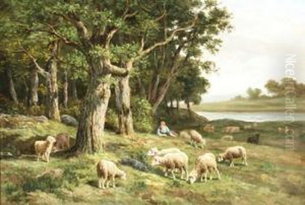 A Shepherdess With Her Flock Oil Painting by Clement Quinton