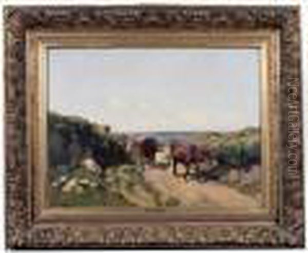 Vaches Sur Le Chemin En Bordure De Mer Oil Painting by Clement Quinton