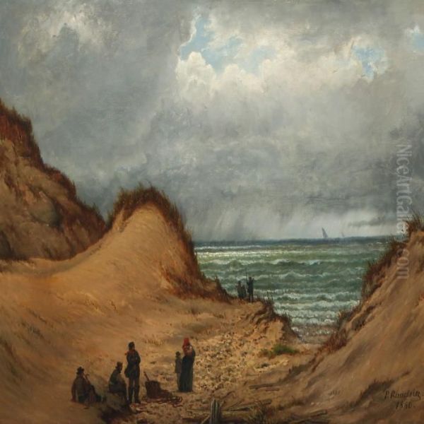 Figures By The Sea On A Stormy Day Oil Painting by Peter Johann Raadsig