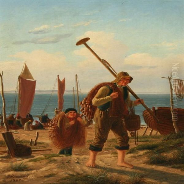 Fishermen On The Beach Oil Painting by Peter Johann Raadsig