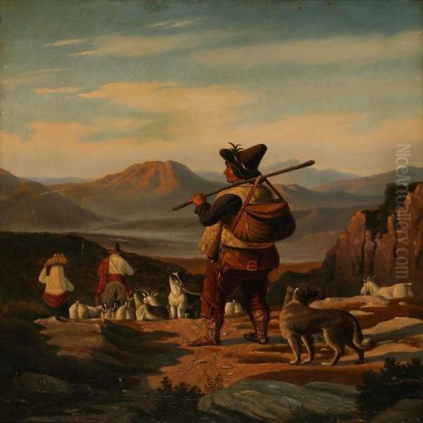 Mountain Landscape With Herdsmen And Goats Oil Painting by Peter Johann Raadsig