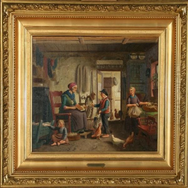 Country Interior Withgrandmother Carding Wool Oil Painting by Peter Johann Raadsig