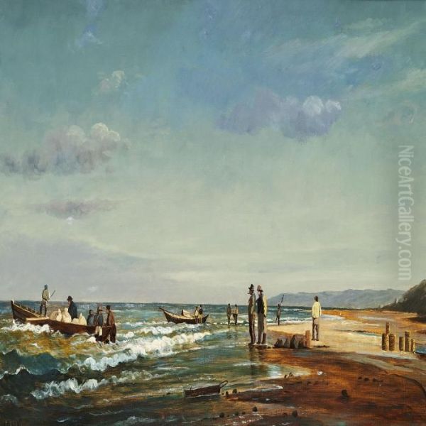 Fishermen On The Beach Under A Blue Sky Oil Painting by Peter Johann Raadsig