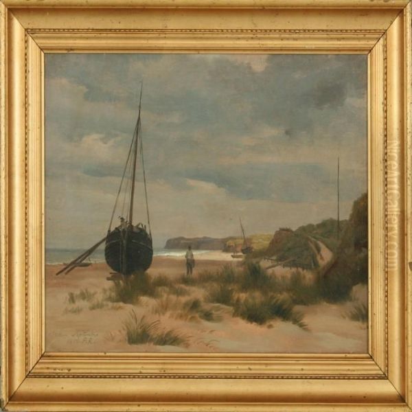 Lokken Beach With Aboat Oil Painting by Peter Johann Raadsig