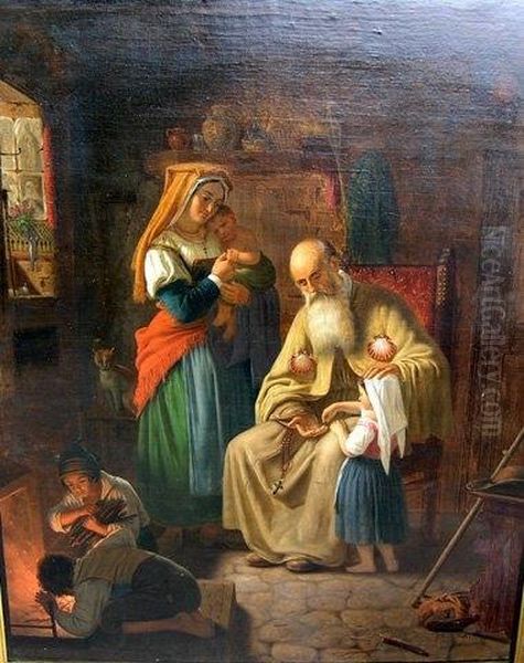 Romische Familie - Die Ruckkehrdes Pilgers Von Santiago De Compostella Oil Painting by Peter Johann Raadsig