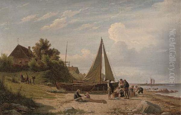 Selling Fish On The Shore Oil Painting by Peter Johann Raadsig