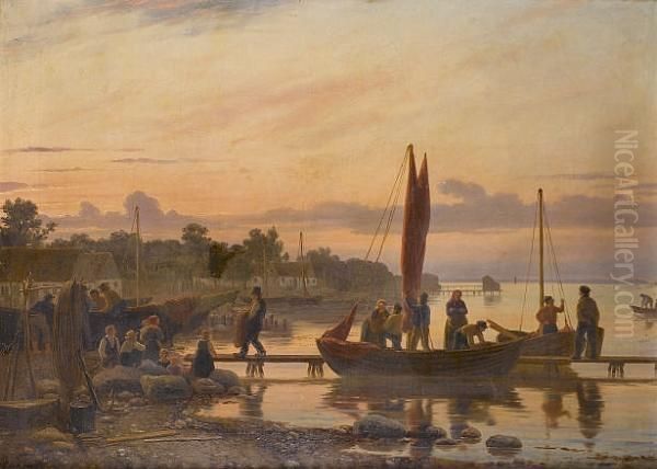 Unloading The Boat, Sunset Oil Painting by Peter Johann Raadsig