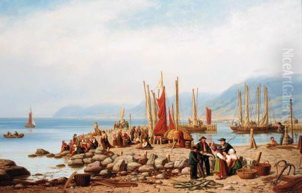 Fisherfolk Trading Their Catch On The Jetty At Hornbaek Oil Painting by Peter Johann Raadsig