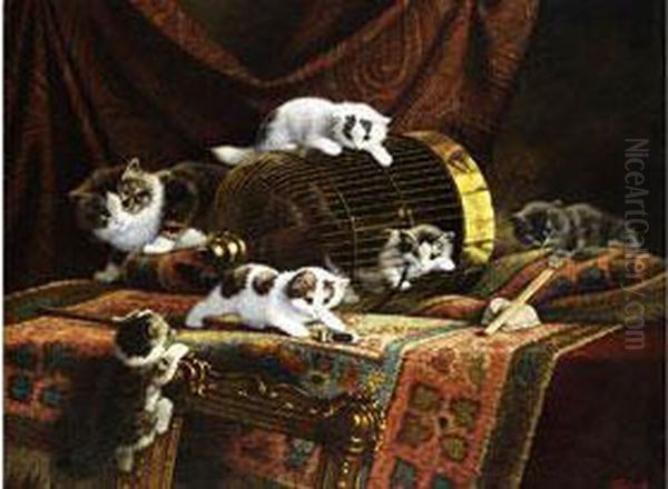 Katzenfamilie Am Vogelkafig Oil Painting by Cornelis Raaphorst