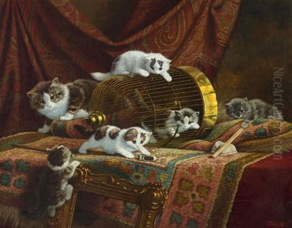 Six Cats Near A Bird Cage Oil Painting by Cornelis Raaphorst