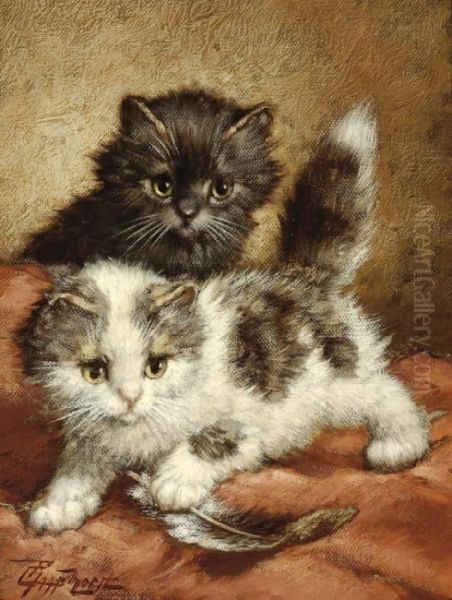 Two Kittens Playing With A Feather Oil Painting by Cornelis Raaphorst