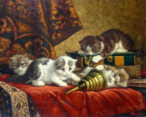 Kittens At Play Signed Oil Oncanvas Oil Painting by Cornelis Raaphorst