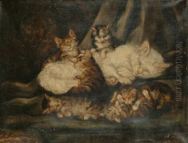 A White Cat With Kittens Oil Painting by Cornelis Raaphorst