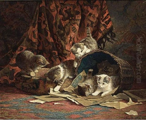 Kittens At Play In A Basket Oil Painting by Cornelis Raaphorst