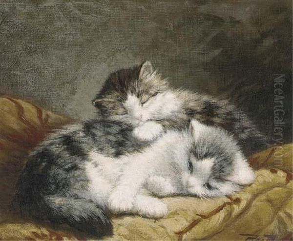 Two Kittens Sleeping On A Pillow Oil Painting by Cornelis Raaphorst