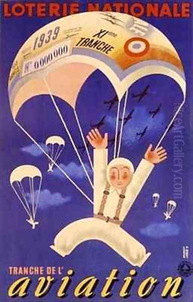 Poster advertising the French National Lottery special issue to help the Air Force Oil Painting by Derouet-Lesacq